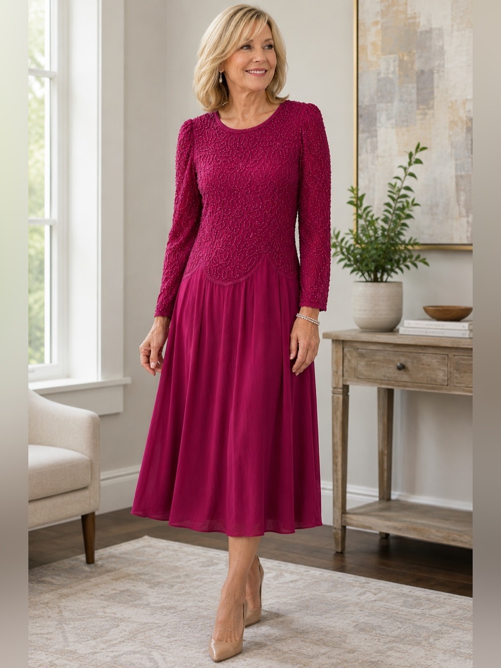 VTG Talbots Sz 16 Beaded Magenta Evening Dress Long Sleeve Midi NWT